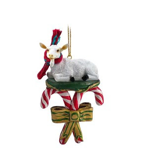 White Goat with Candy Canes Christmas Ornament – Hand-Painted Stone Resin