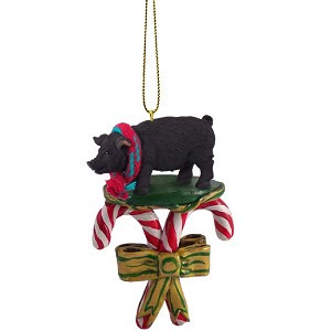 Black Pig with Candy Canes Christmas Ornament – Hand-Painted Stone Resin