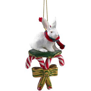 White Rabbit with Candy Canes Christmas Ornament – Hand-Painted Stone Resin