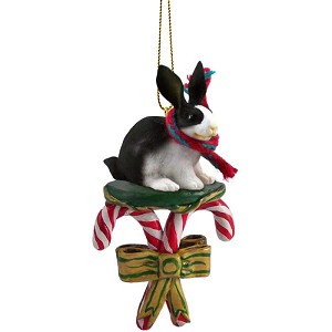 Black & White Rabbit with Candy Canes Christmas Ornament – Hand-Painted Stone Resin