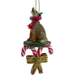 Coyote with Candy Canes Christmas Ornament – Hand-Painted Stone Resin