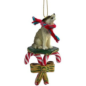 Timber Wolf with Candy Canes Christmas Ornament – Hand-Painted Stone Resin