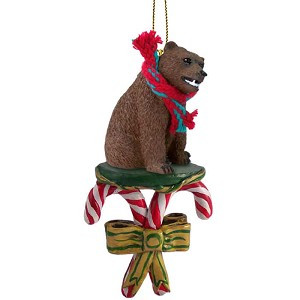 Grizzly Bear with Candy Canes Christmas Ornament – Hand-Painted Stone Resin
