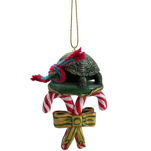 Turtle with Candy Canes Christmas Ornament – Hand-Painted Stone Resin