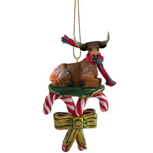 Long Horn Steer with Candy Canes Christmas Ornament – Hand-Painted Stone Resin