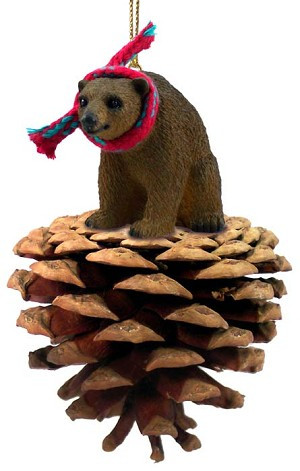 Brown Bear on Pinecone Christmas Ornament – Hand-Painted Stone Resin