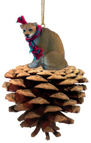 Cougar on Pinecone Christmas Ornament – Hand-Painted Stone Resin