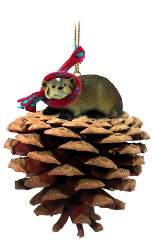 Badger on Pinecone Christmas Ornament – Hand-Painted Stone Resin