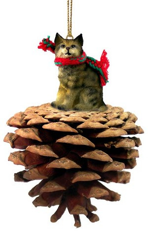Bobcat on Pinecone Christmas Ornament – Hand-Painted Stone Resin