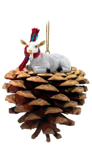 White Goat on Pinecone Christmas Ornament – Hand-Painted Stone Resin