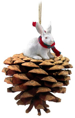 White Rabbit on Pinecone Christmas Ornament – Hand-Painted Stone Resin