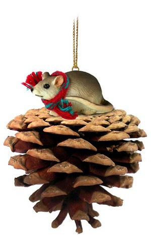 Brown Mouse on Pinecone Christmas Ornament – Hand-Painted Stone Resin