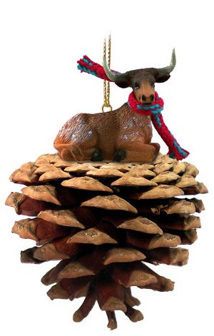 Longhorn Steer on Pinecone Christmas Ornament – Hand-Painted Stone Resin