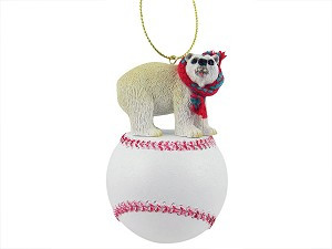 Baseball Polar Bear on Baseball Christmas Ornament – Hand-Painted Stone Resin