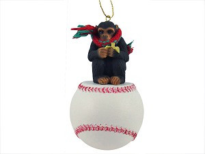 Chimpanzee on Baseball Christmas Ornament – Hand-Painted Stone Resin