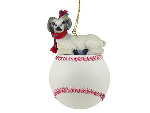 White Dahl Sheep on Baseball Christmas Ornament – Hand-Painted Stone Resin