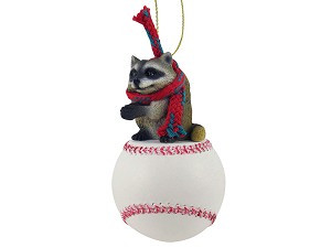 Raccoon on Baseball Christmas Ornament – Hand-Painted Stone Resin