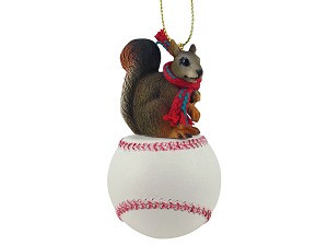 Red Squirrel on Baseball Christmas Ornament – Hand-Painted Stone Resin