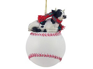 Baseball Holstein Bull on Baseball Christmas Ornament – Hand-Painted Stone Resin
