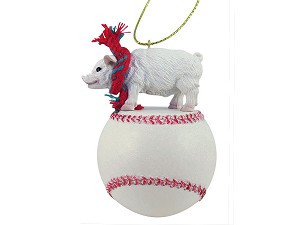 Pink Pig on Baseball Christmas Ornament – Hand-Painted Stone Resin