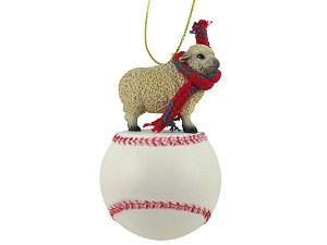 White Sheep on Baseball Christmas Ornament – Hand-Painted Stone Resin