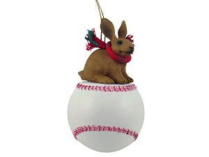 Brown Rabbit on Baseball Christmas Ornament – Hand-Painted Stone Resin
