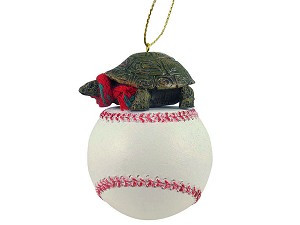 Turtle on Baseball Christmas Ornament – Hand-Painted Stone Resin