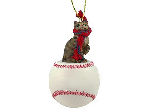Brown Shorthaired Tabby Cat on Baseball Christmas Ornament – Hand-Painted Stone Resin