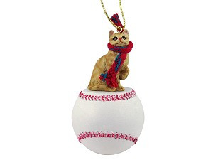 Red Cat on Baseball Christmas Ornament – Hand-Painted Stone Resin