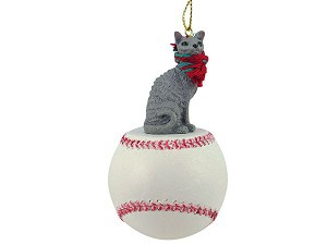 Blue Cornish Rex Cat on Baseball Christmas Ornament – Hand-Painted Stone Resin