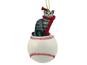 Silver Tabby Maine Coon Cat on Baseball Christmas Ornament – Hand-Painted Stone Resin