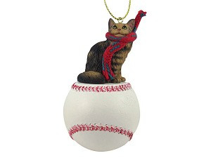 Brown Maine Coon Cat on Baseball Christmas Ornament – Hand-Painted Stone Resin