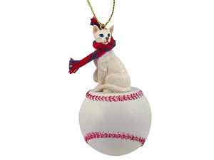 White Oriental Shorthair Cat on Baseball Christmas Ornament – Hand-Painted Stone Resin