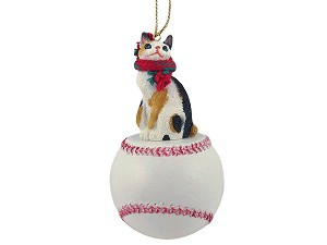 Tortoise & White Japanese Bobtail Cat on Baseball Christmas Ornament – Hand-Painted Stone Resin