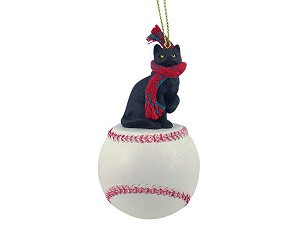 Black Shorthaired Tabby Cat on Baseball Christmas Ornament – Hand-Painted Stone Resin