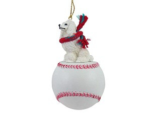 White Poodle Dog on Baseball Hanging Ornament – Hand-Painted Stone Resin