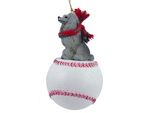 Gray Poodle Dog on Baseball Christmas Ornament – Hand-Painted Stone Resin