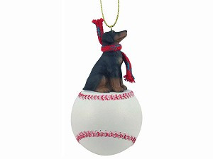 Black Uncropped Ears Doberman Pinscher Dog on Baseball Christmas Ornament – Hand-Painted Stone Resin