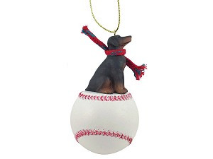 Red Uncropped Ears Doberman Pinscher Dog on Baseball Christmas Ornament – Hand-Painted Stone Resin