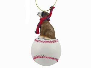 Brown Uncropped Ears Boxer Dog on Baseball Christmas Ornament – Hand-Painted Stone Resin