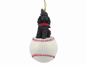 Chocolate Sport Cut Poodle Dog on Baseball Christmas Ornament – Hand-Painted Stone Resin