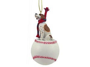 Brown & White Pointer Dog on Baseball Christmas Ornament – Hand-Painted Stone Resin