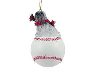 Gray Lhasa Apso Dog on Baseball Christmas Ornament – Hand-Painted Stone Resin