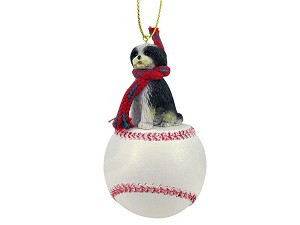 Black & White Sport Cut Shih Tzu Dog on Baseball Christmas Ornament – Hand-Painted Stone Resin
