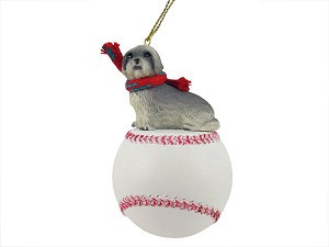 Gray Sport Cut Lhasa Apso Dog on Baseball Christmas Ornament – Hand-Painted Stone Resin