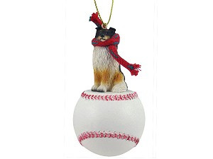 Tricolor Sheltie Dog on Baseball Hanging Ornament – Hand-Painted Stone Resin