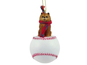 Red Chow Dog on Baseball Christmas Ornament – Hand-Painted Stone Resin