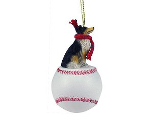 Tricolor Collie Dog on Baseball Christmas Ornament – Hand-Painted Stone Resin