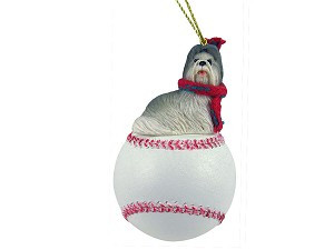 Gray Shih Tzu Dog on Baseball Christmas Ornament – Hand-Painted Stone Resin