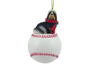 Black & White Shih Tzu Dog on Baseball Christmas Ornament – Hand-Painted Stone Resin